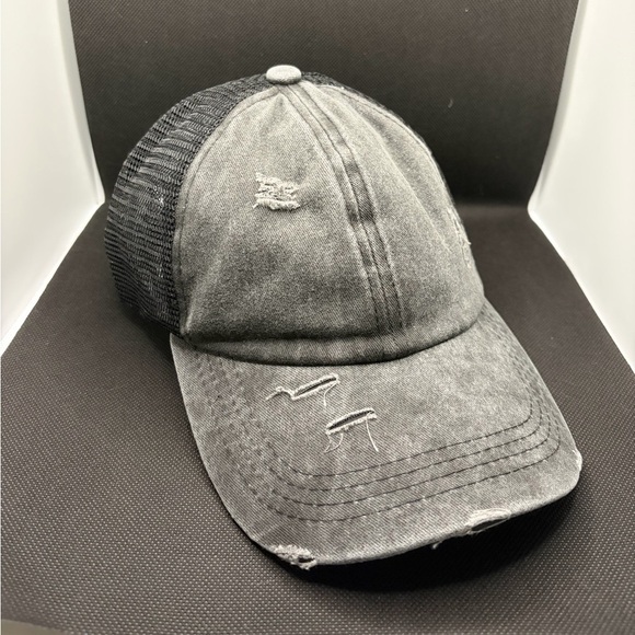 Distressed Dark Gray Adjustable Crisscross Ponytail Hat - Picture 4 of 5